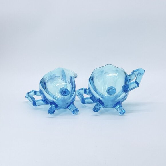 Rare Vintage Indiana Glass Colonial Etched Electric Blue 4" Cream & Sugar EPAG - Picture 5 of 6